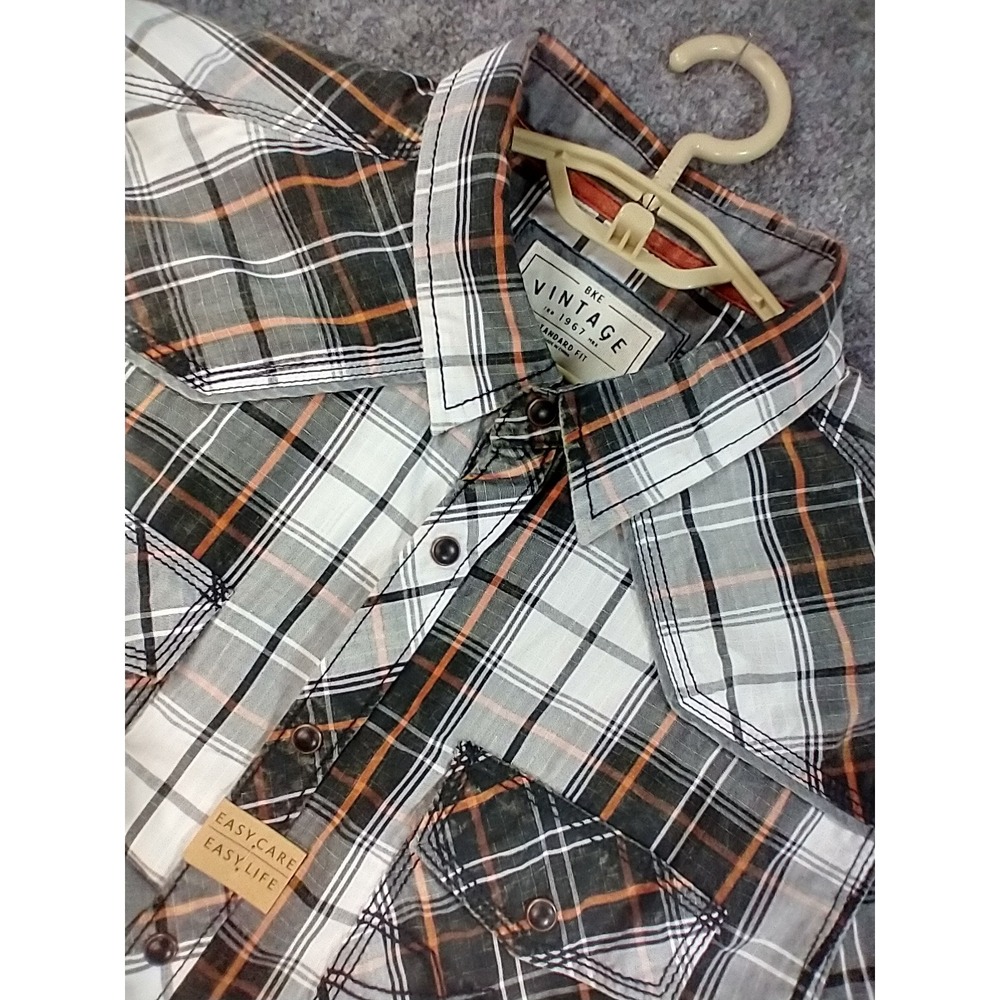 BKE‎ Vintage Mens Large Plaid Western Snap Long Sleeve Shirt Grey Orange Ripstop
